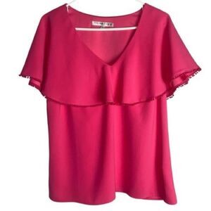 Trina Turk Women’s Blouse Size L Fuchsia Pink Ruffle Overlay V-Neck Top Pom Trim